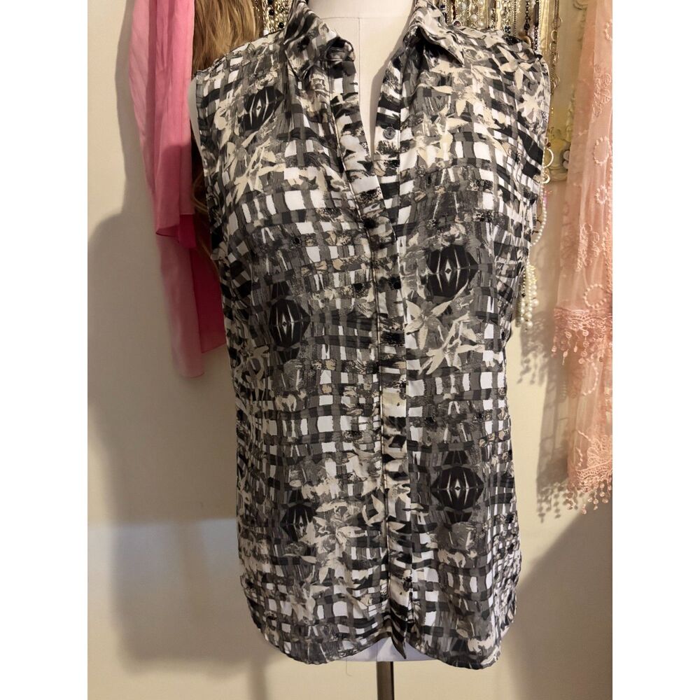 Apt. 9 Sleeveless Button-Up Blouse Gray Black Abstract Plaid-Large